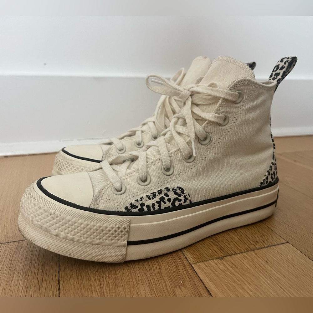 Converse Cream High-Top Sneakers with Black Leopard Accents